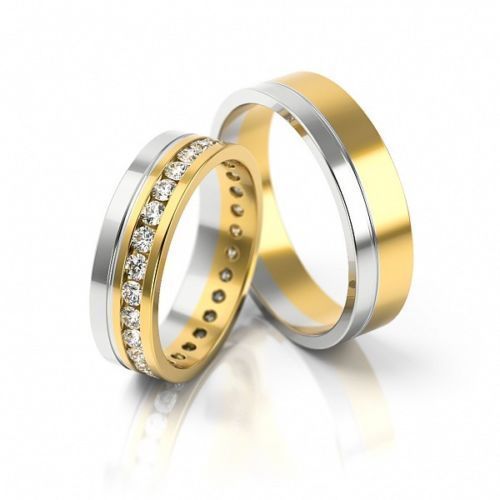 1 Paar Trauringe Hochzeitsringe Gold 333 - Bicolor Gelbgold u. Weißgold + Steine
