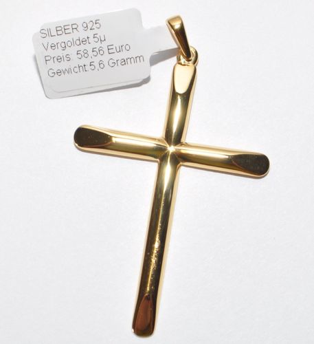 ECHTES Silber 925 Anhänger Kreuz - Vergoldet 5µ - Für Halskette bis 5,5mm Breite